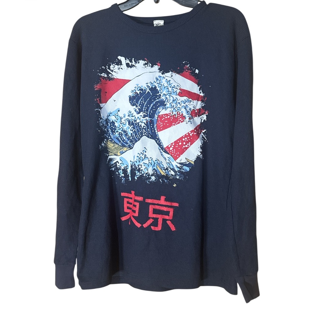 Call Your Mother Navy Waffle Knit Shirt Tokyo Japanese Henley Great Wave Size M